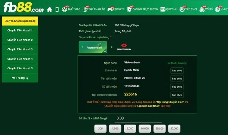 Nạp Tiền FB88: Quy Trình Thuận Tiện Cho Người Chơi 2 Giao diện nạp tiền FB88